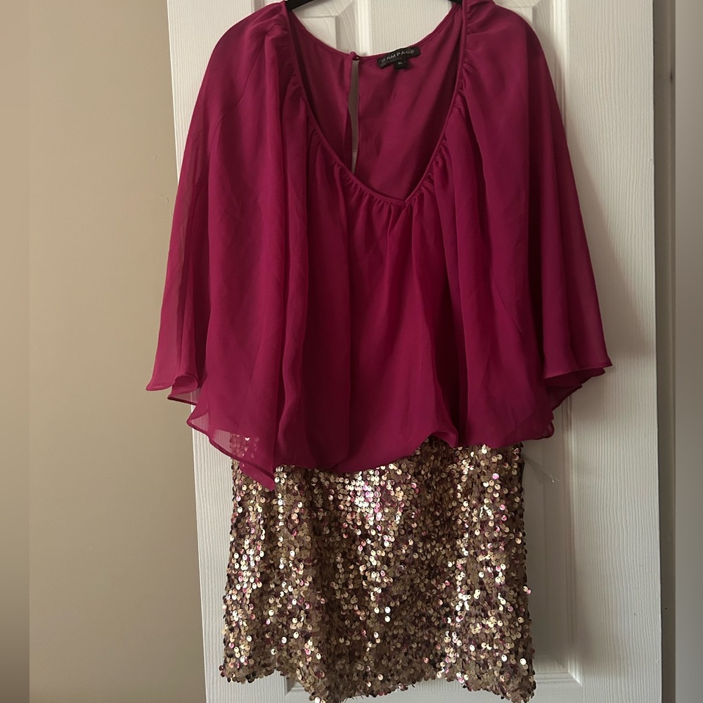 Rampage Fuchsia Chiffon Top with Gold Sequin Skirt Party Dress